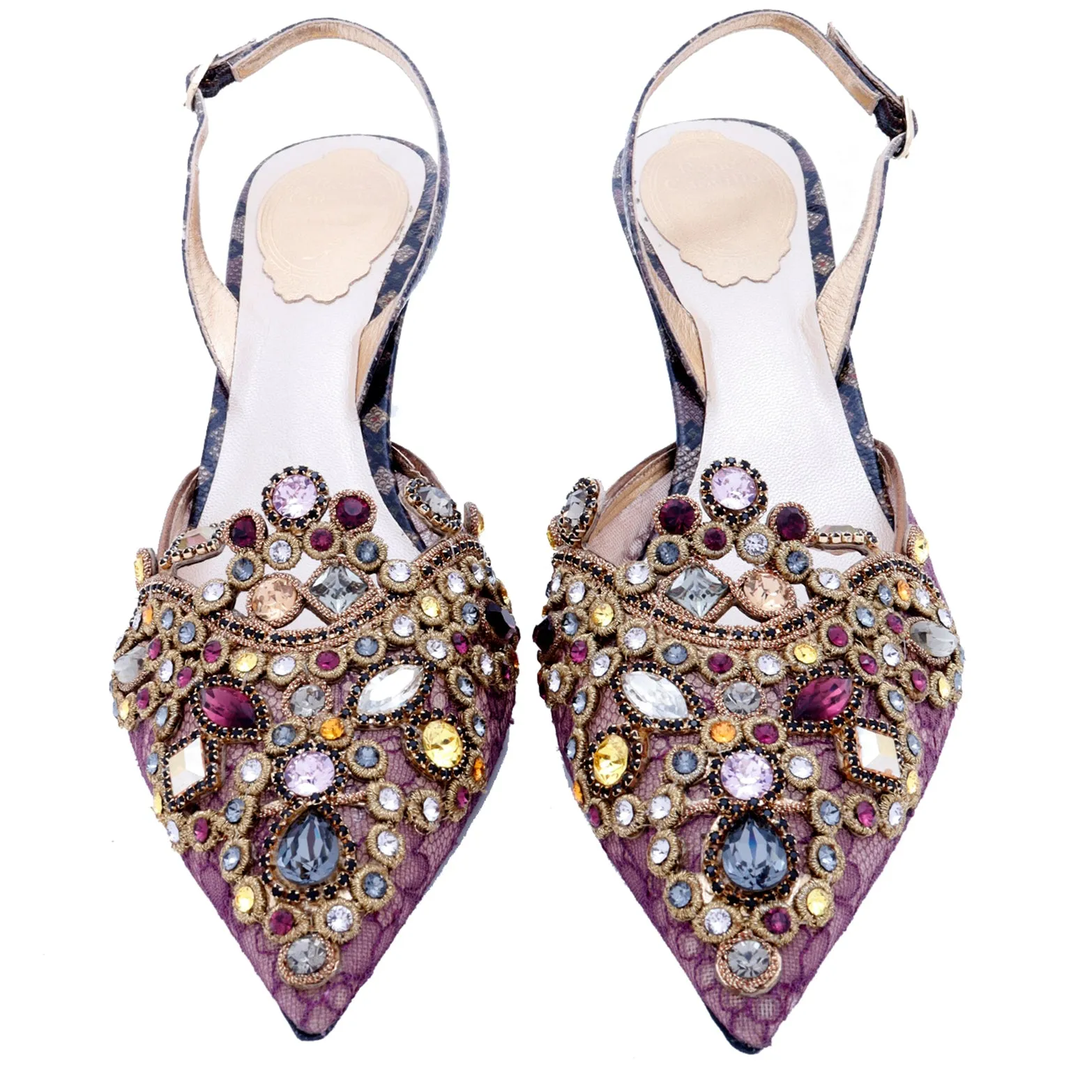 2000s Rene Caovilla Shoes Jeweled Slingback Heels w Purple Lace