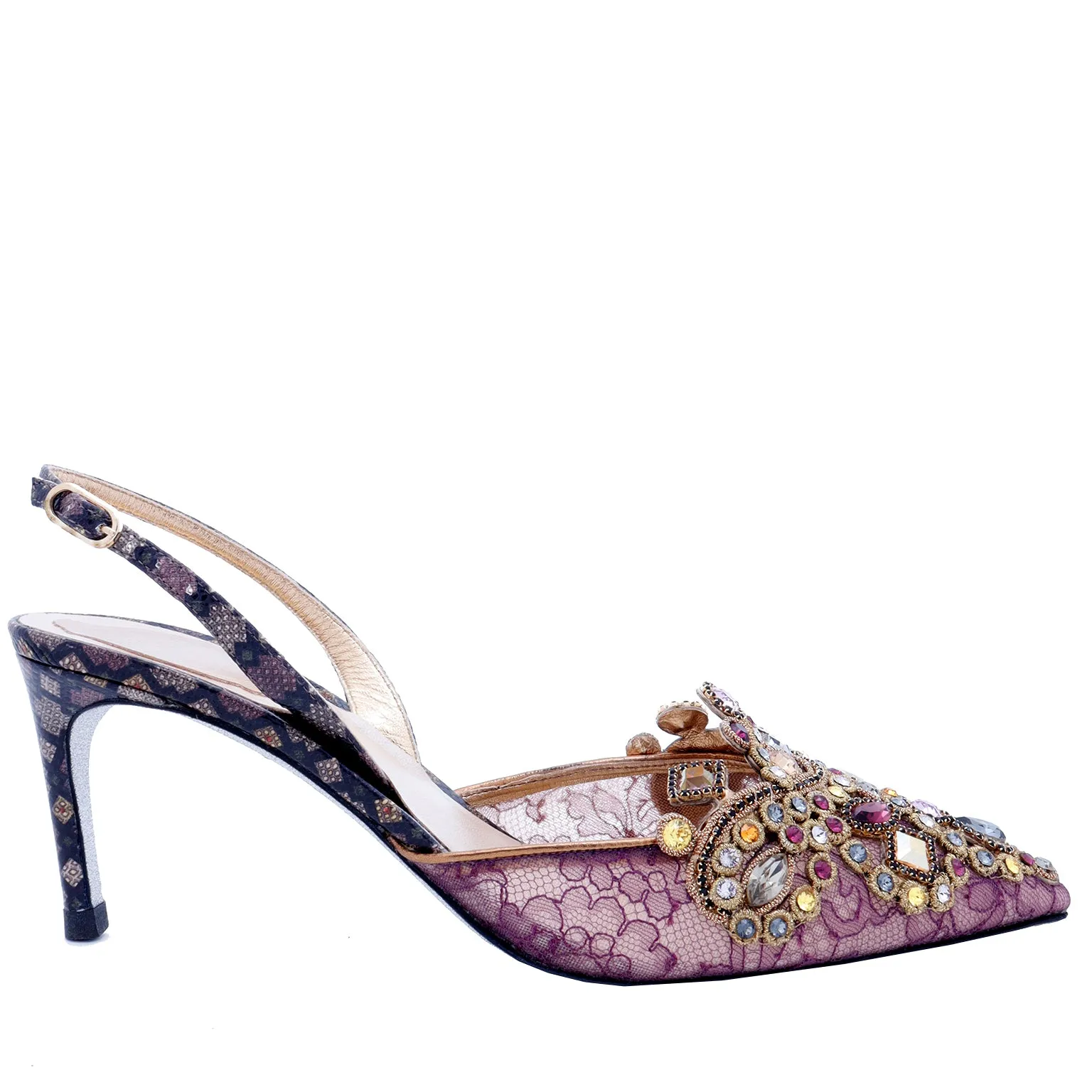 2000s Rene Caovilla Shoes Jeweled Slingback Heels w Purple Lace