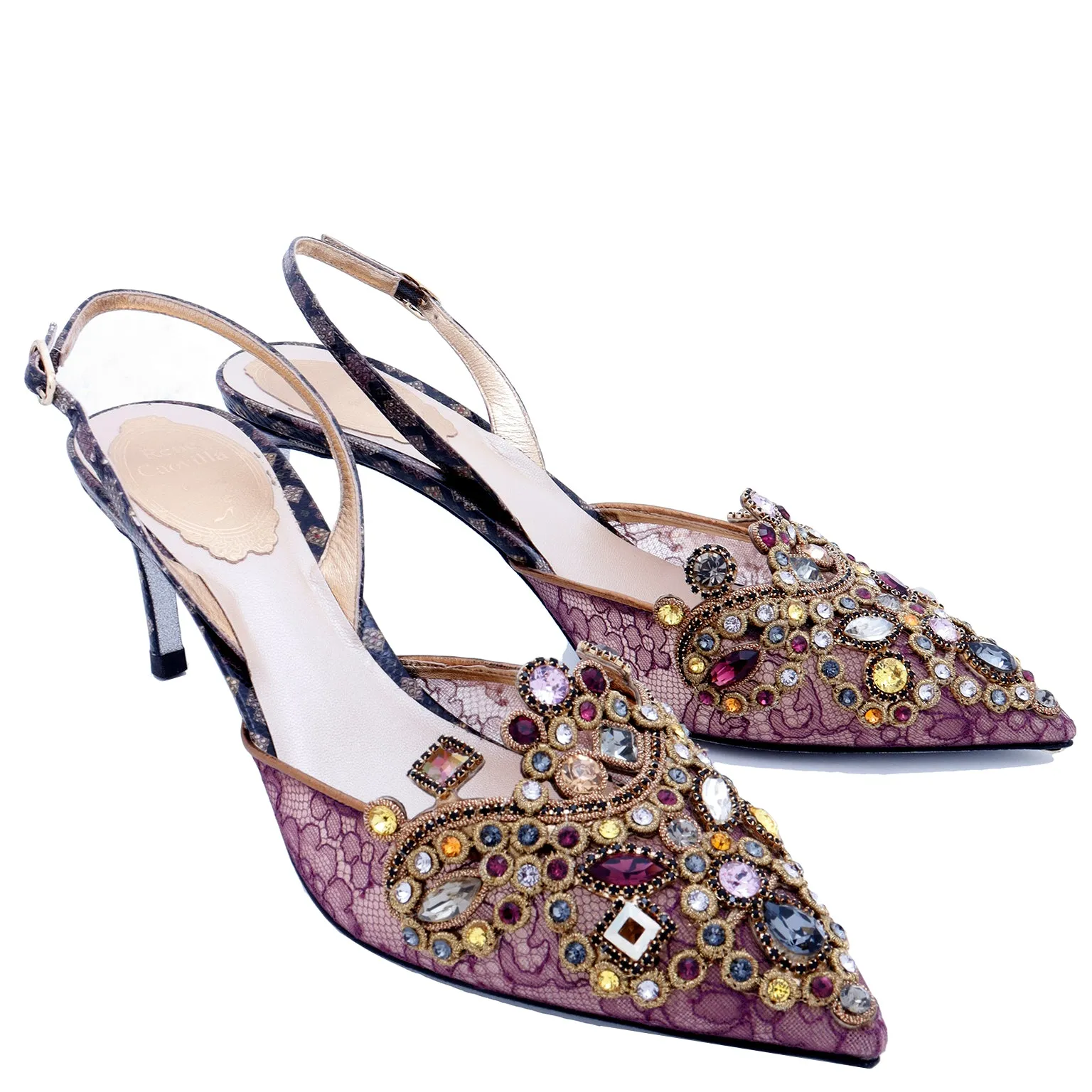 2000s Rene Caovilla Shoes Jeweled Slingback Heels w Purple Lace