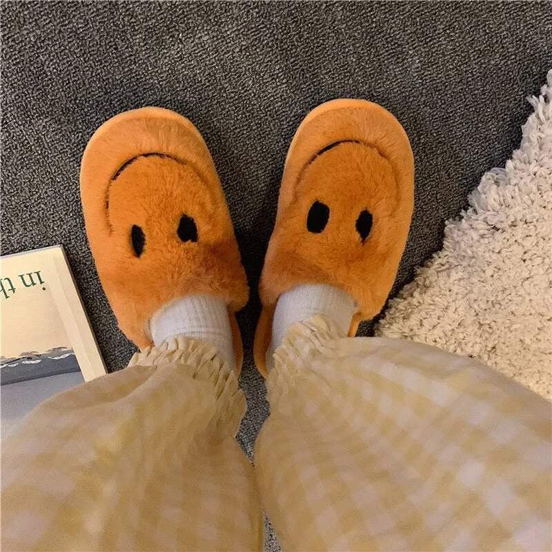 Amozae--Christmas Gift 2024 Smiley Face Slippers Women Smile Slippers Happy Face Slippers Retro Smiley Face Soft Plush Comfy Warm Slip-on Slippers