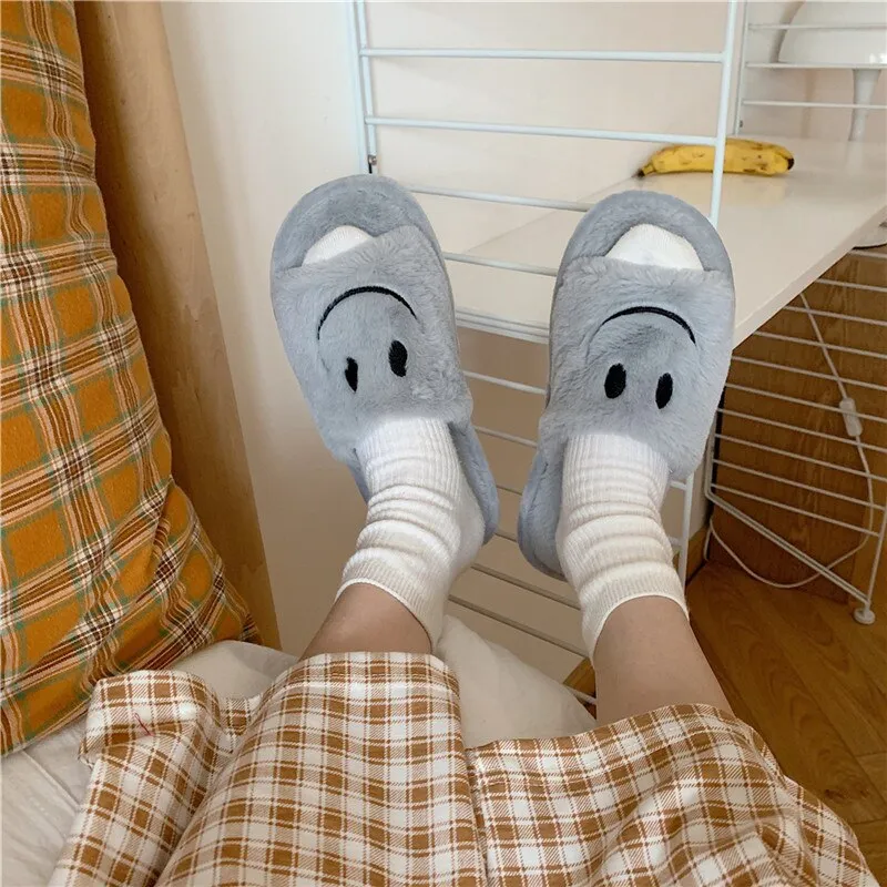 Amozae--Christmas Gift 2024 Smiley Face Slippers Women Smile Slippers Happy Face Slippers Retro Smiley Face Soft Plush Comfy Warm Slip-on Slippers