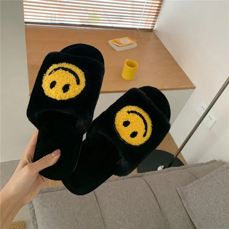 Amozae--Christmas Gift 2024 Smiley Face Slippers Women Smile Slippers Happy Face Slippers Retro Smiley Face Soft Plush Comfy Warm Slip-on Slippers