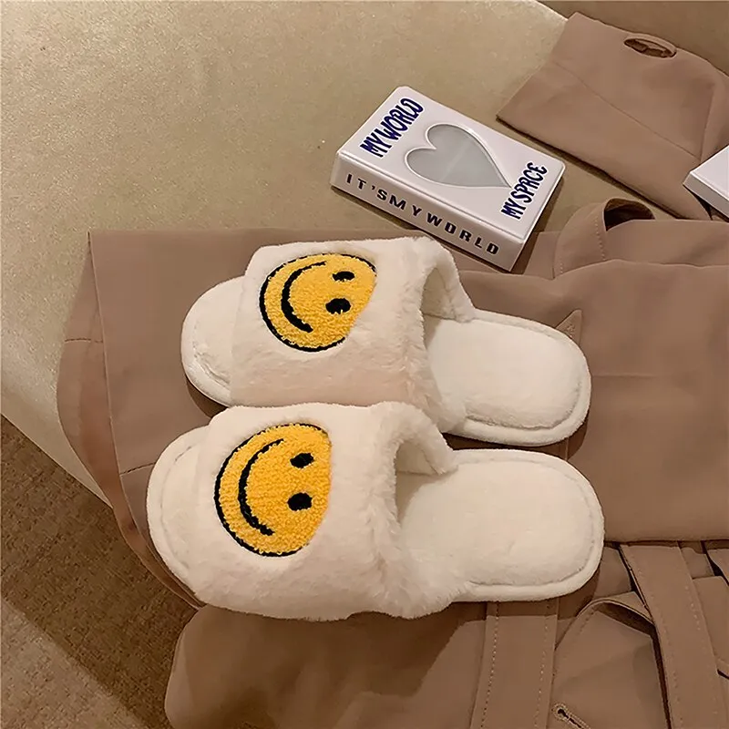 Amozae--Christmas Gift 2024 Smiley Face Slippers Women Smile Slippers Happy Face Slippers Retro Smiley Face Soft Plush Comfy Warm Slip-on Slippers