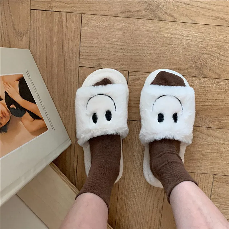 Amozae--Christmas Gift 2024 Smiley Face Slippers Women Smile Slippers Happy Face Slippers Retro Smiley Face Soft Plush Comfy Warm Slip-on Slippers