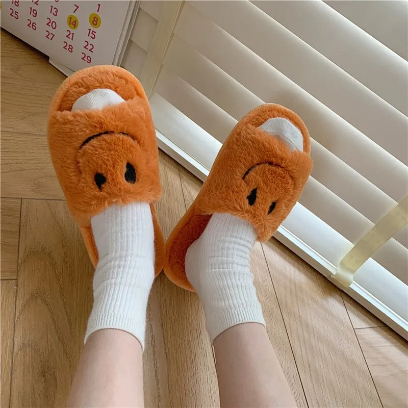 Amozae--Christmas Gift 2024 Smiley Face Slippers Women Smile Slippers Happy Face Slippers Retro Smiley Face Soft Plush Comfy Warm Slip-on Slippers