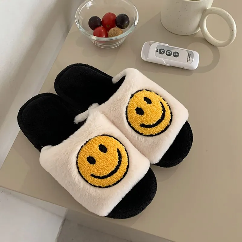 Amozae--Christmas Gift 2024 Smiley Face Slippers Women Smile Slippers Happy Face Slippers Retro Smiley Face Soft Plush Comfy Warm Slip-on Slippers