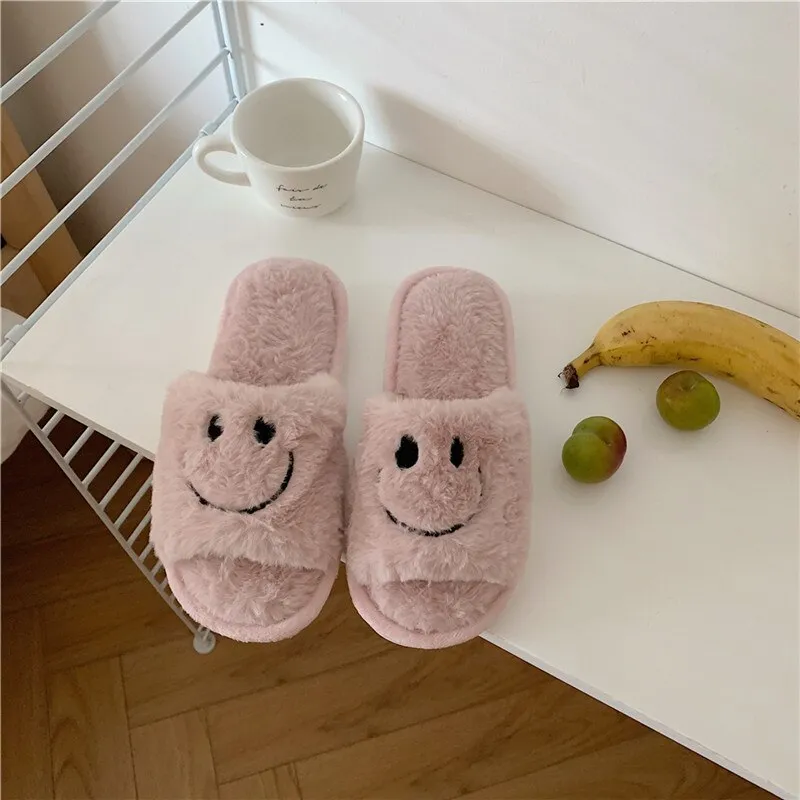 Amozae--Christmas Gift 2024 Smiley Face Slippers Women Smile Slippers Happy Face Slippers Retro Smiley Face Soft Plush Comfy Warm Slip-on Slippers