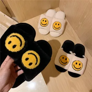 Amozae--Christmas Gift 2024 Smiley Face Slippers Women Smile Slippers Happy Face Slippers Retro Smiley Face Soft Plush Comfy Warm Slip-on Slippers