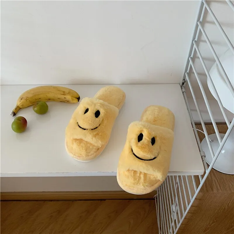 Amozae--Christmas Gift 2024 Smiley Face Slippers Women Smile Slippers Happy Face Slippers Retro Smiley Face Soft Plush Comfy Warm Slip-on Slippers