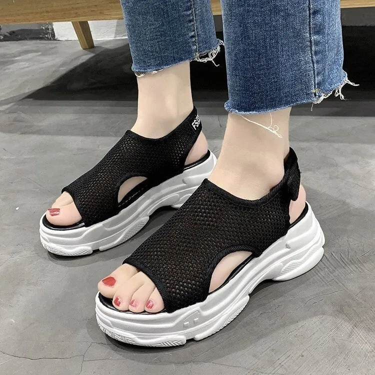 Amozae Hollow Women Sports Sandals Platform Wedges Heels Knit Woman Shoes Fish Mouth Thick Bottoms Summer Ladies Rome Shoes