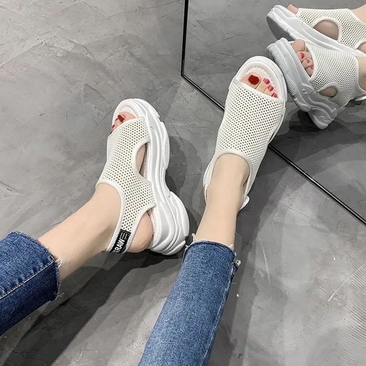 Amozae Hollow Women Sports Sandals Platform Wedges Heels Knit Woman Shoes Fish Mouth Thick Bottoms Summer Ladies Rome Shoes