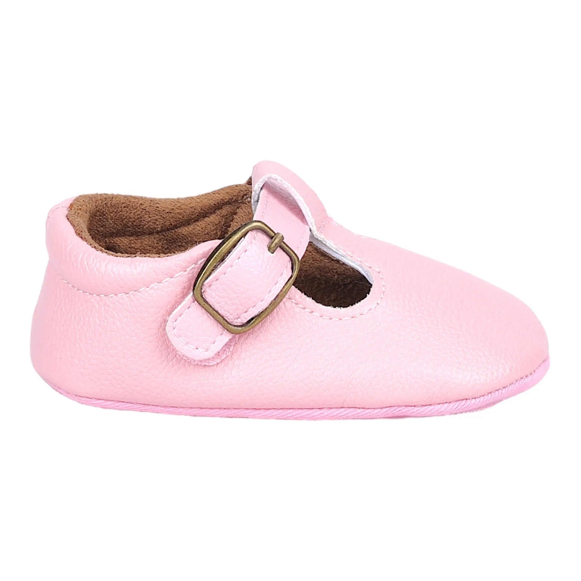 Baby Moo Textured Leather T-Strap Velcro Buckle Anti-Skid Ballerina Pram Shoes - Pink