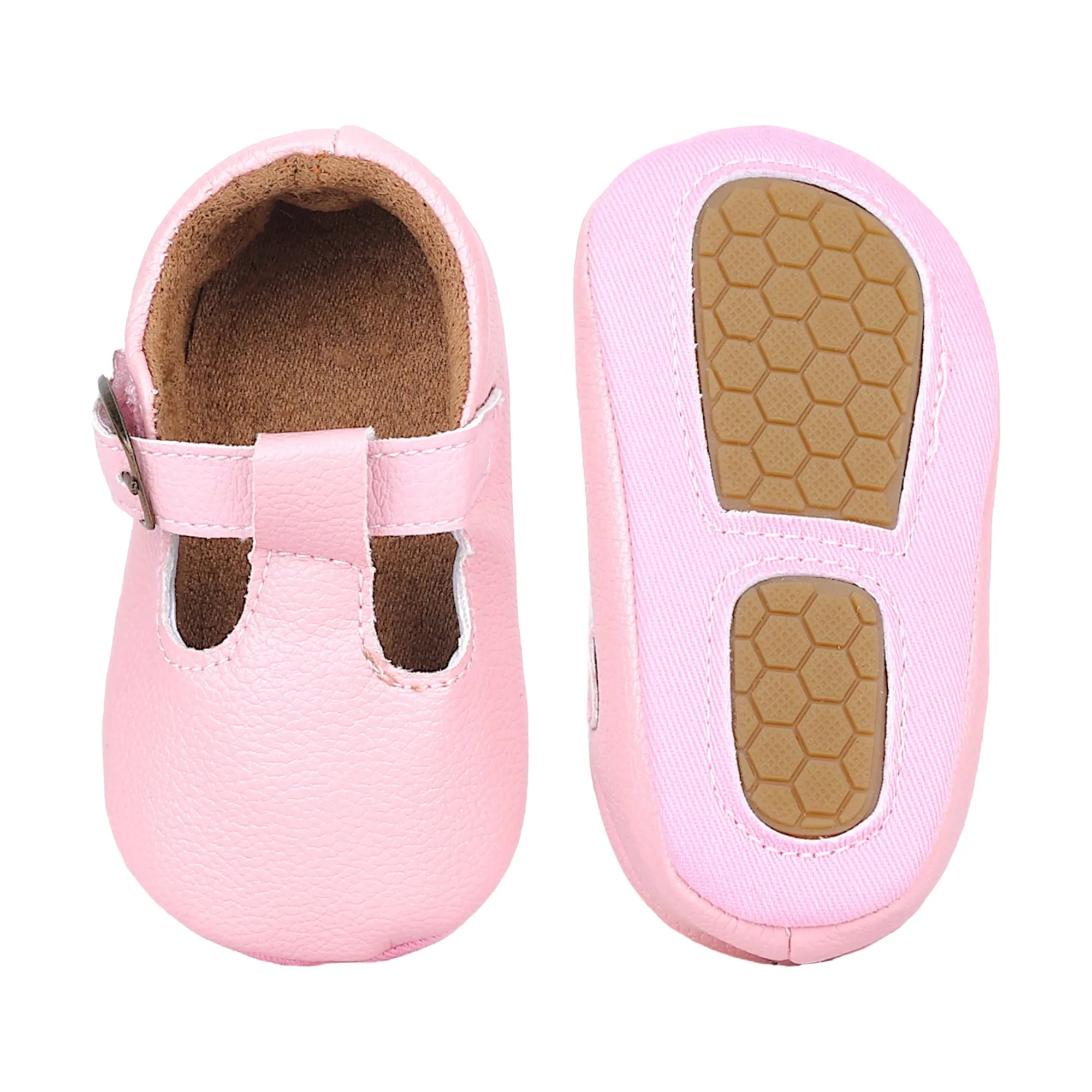 Baby Moo Textured Leather T-Strap Velcro Buckle Anti-Skid Ballerina Pram Shoes - Pink