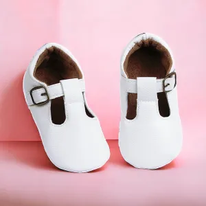 Baby Moo Textured Leather T-Strap Velcro Buckle Anti-Skid Ballerina Pram Shoes - White