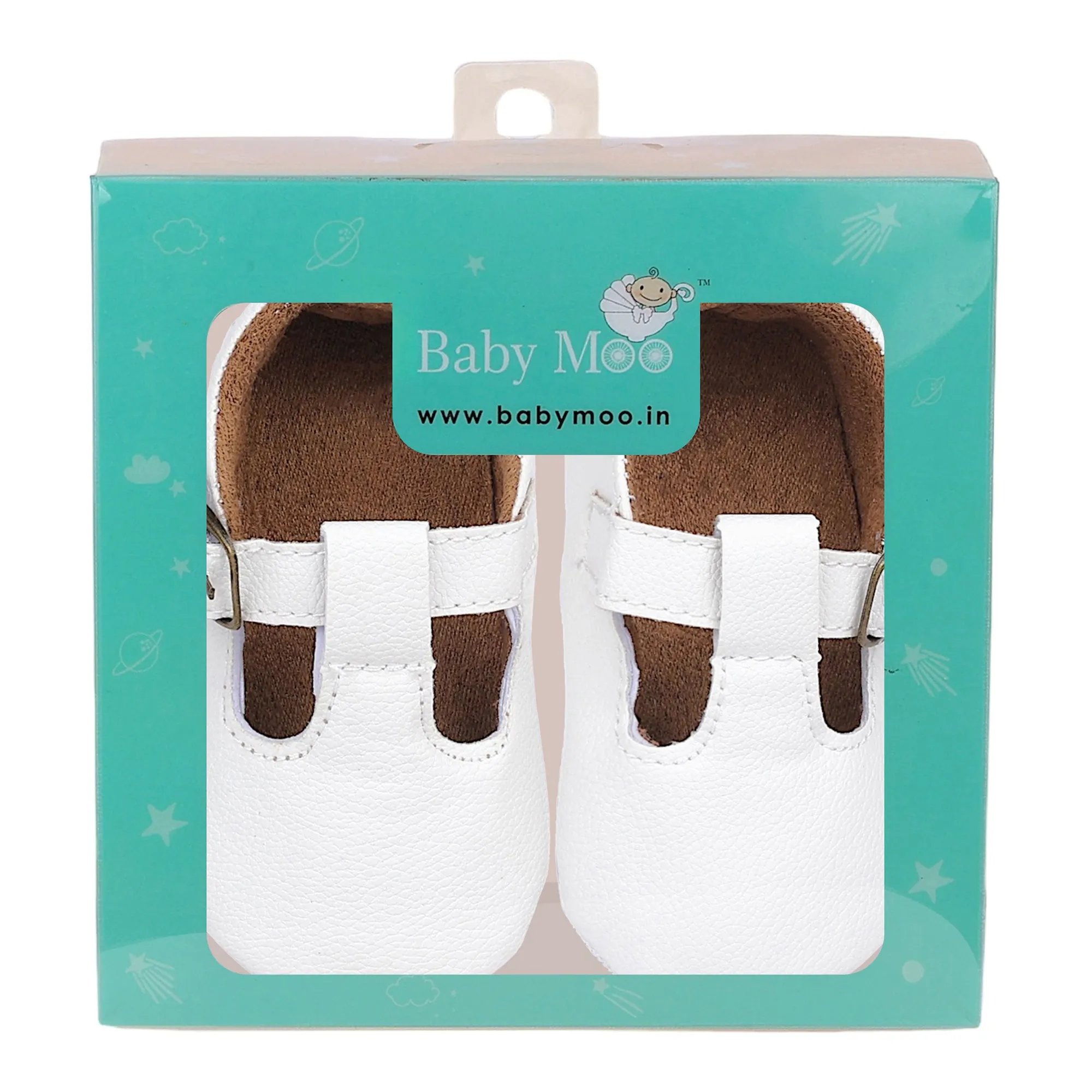 Baby Moo Textured Leather T-Strap Velcro Buckle Anti-Skid Ballerina Pram Shoes - White