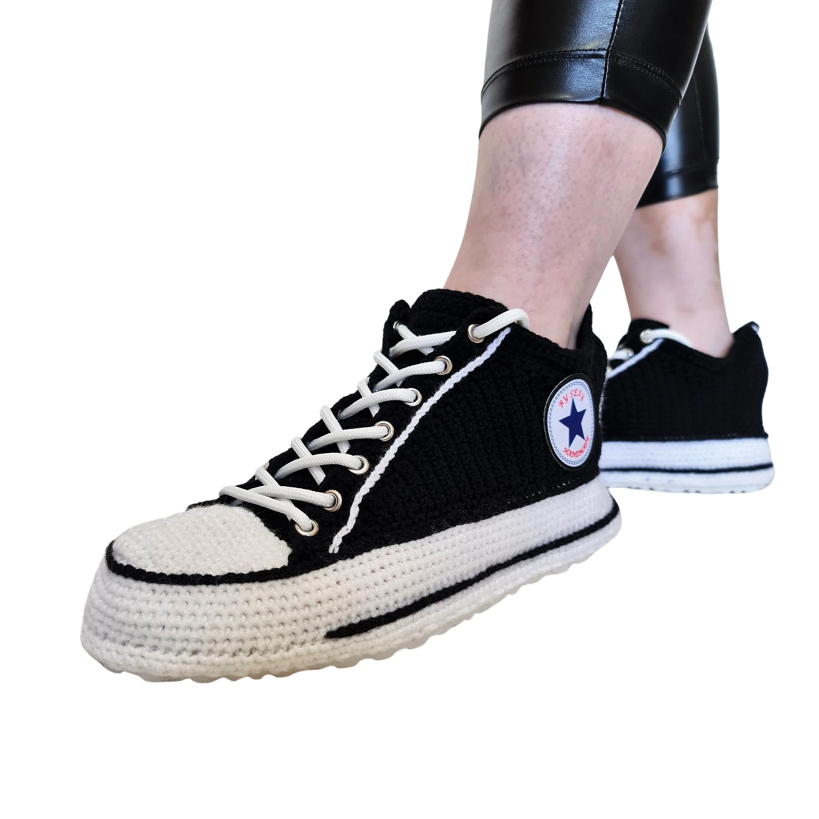 Black Converse Low Top Platform Handmade Knit Style Creative Home Slippers Sneakers Booties Shoes