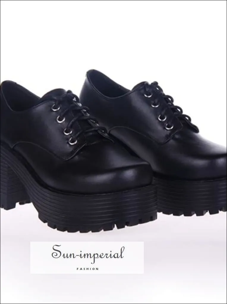 Black Punk Lace up Oxfords Vegan Leather with Short Block Heel and Chunky Treaded Soles Women Shoes