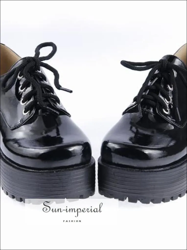 Black Punk Lace up Oxfords Vegan Leather with Short Block Heel and Chunky Treaded Soles Women Shoes