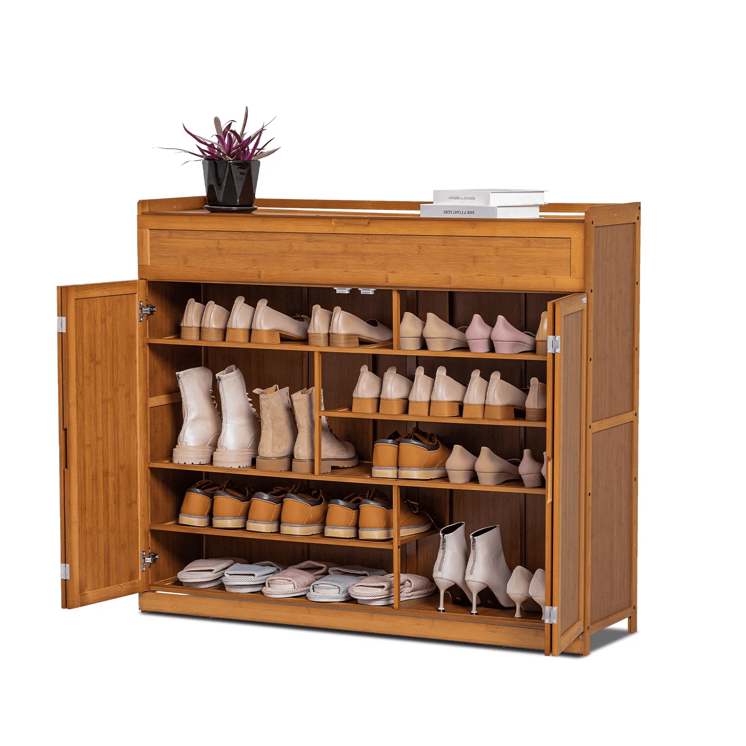 cozy Bamboo 6 Tier 30 Pairs Shoe Organizer Cabinet with Folding Door Compartment Heels Boots, Brown, for Home