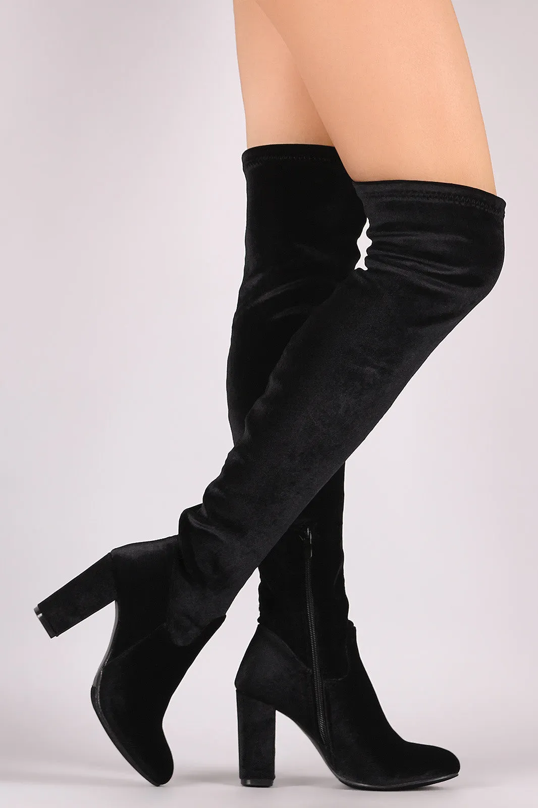 Crushed Velvet Chunky Heeled Over-The-Knee Boots