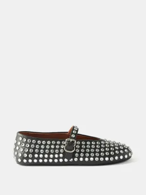 Crystal-embellished buckled leather ballet flats