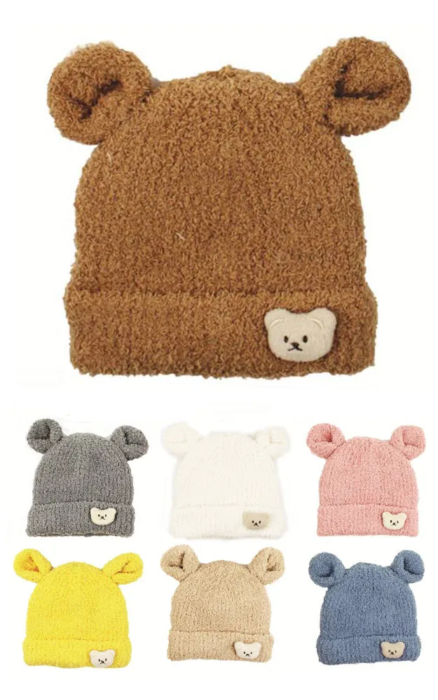 DBHK3942 Kids Animal Ear w/Bear Deco Winter Knit Hats