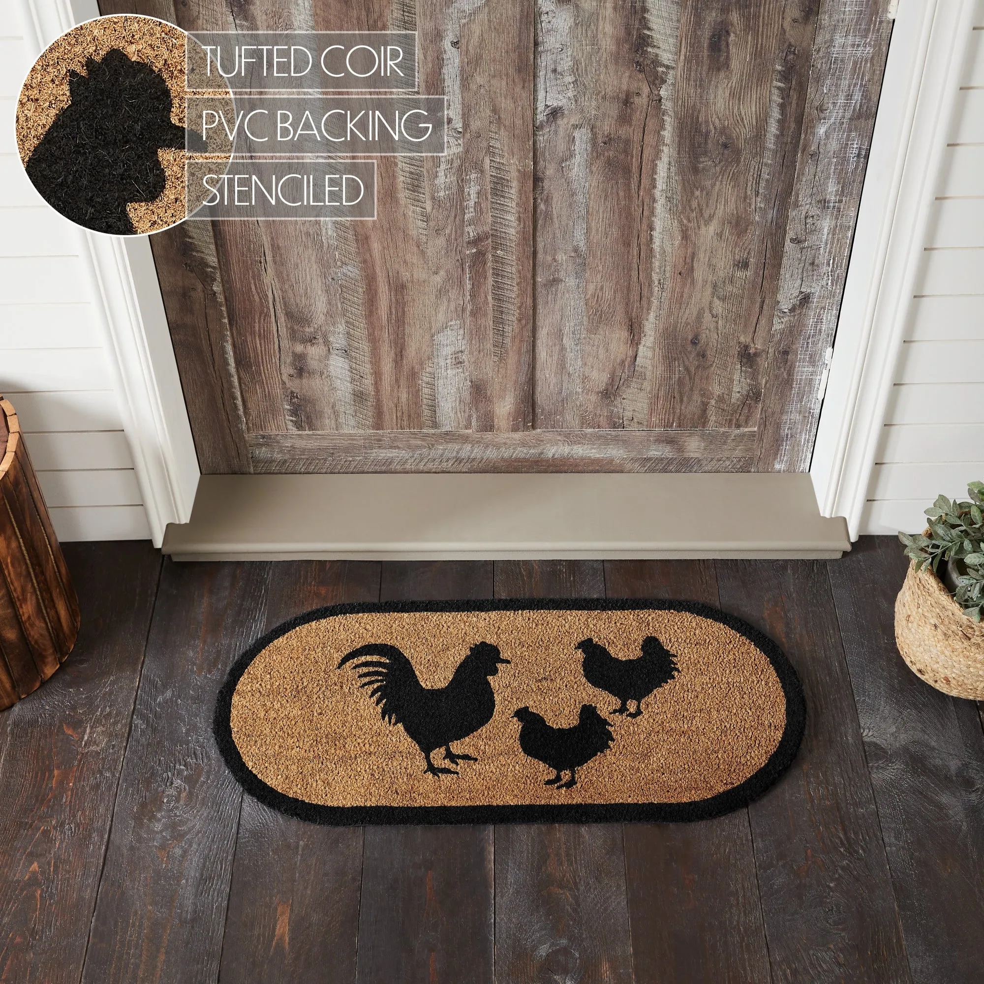 Down Home Rooster & Hens Coir Rug Oval 17x36