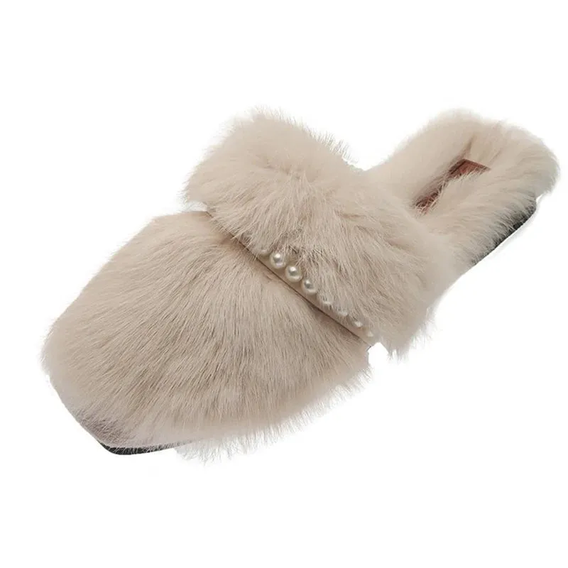 Fur Mule Slippers with Pearls for Women