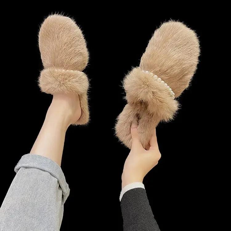 Fur Mule Slippers with Pearls for Women