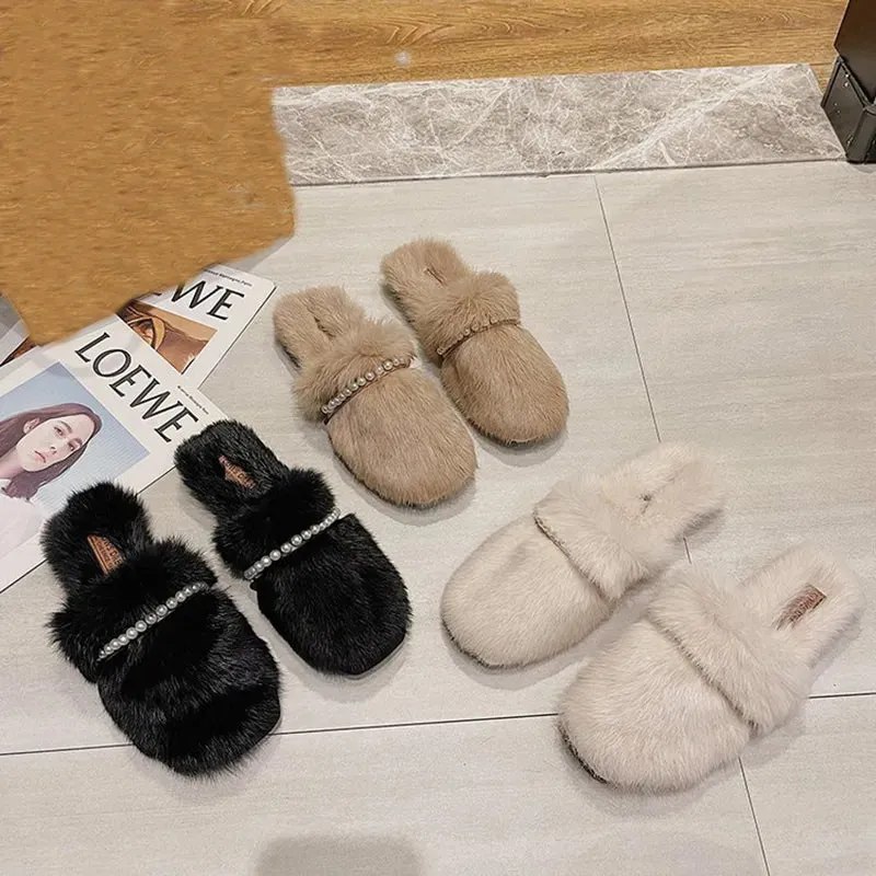 Fur Mule Slippers with Pearls for Women