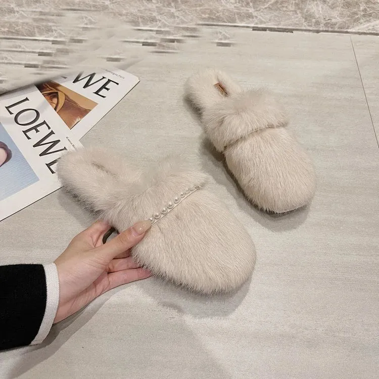 Fur Mule Slippers with Pearls for Women