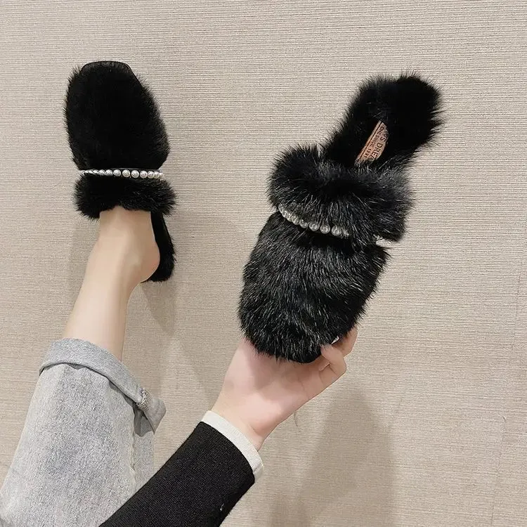 Fur Mule Slippers with Pearls for Women