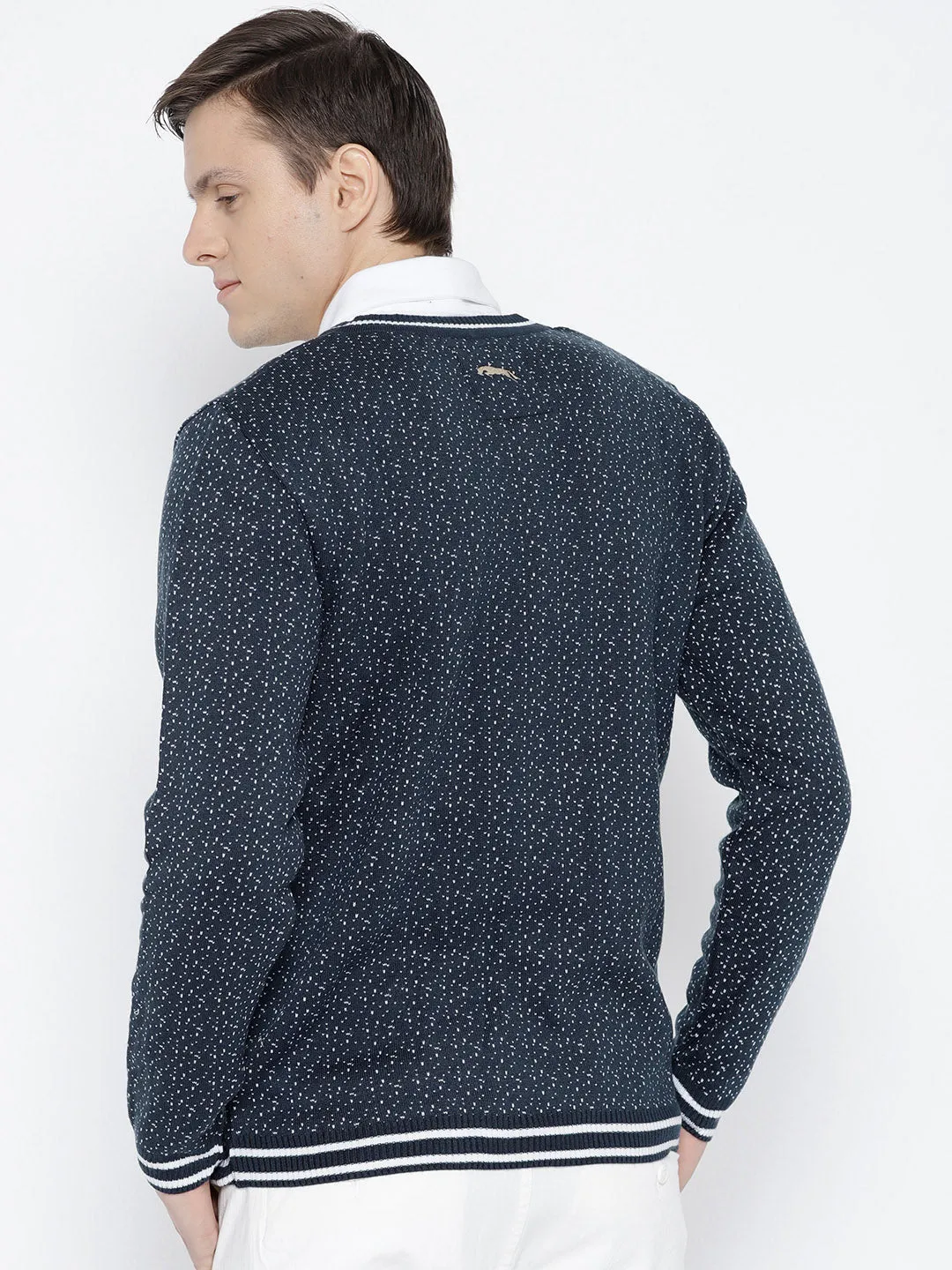 Men Navy Blue and White Colourblocked Pullover