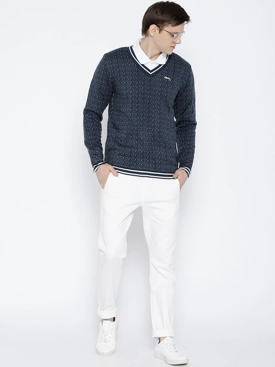 Men Navy Blue and White Colourblocked Pullover