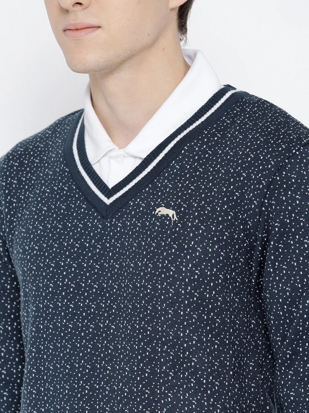 Men Navy Blue and White Colourblocked Pullover