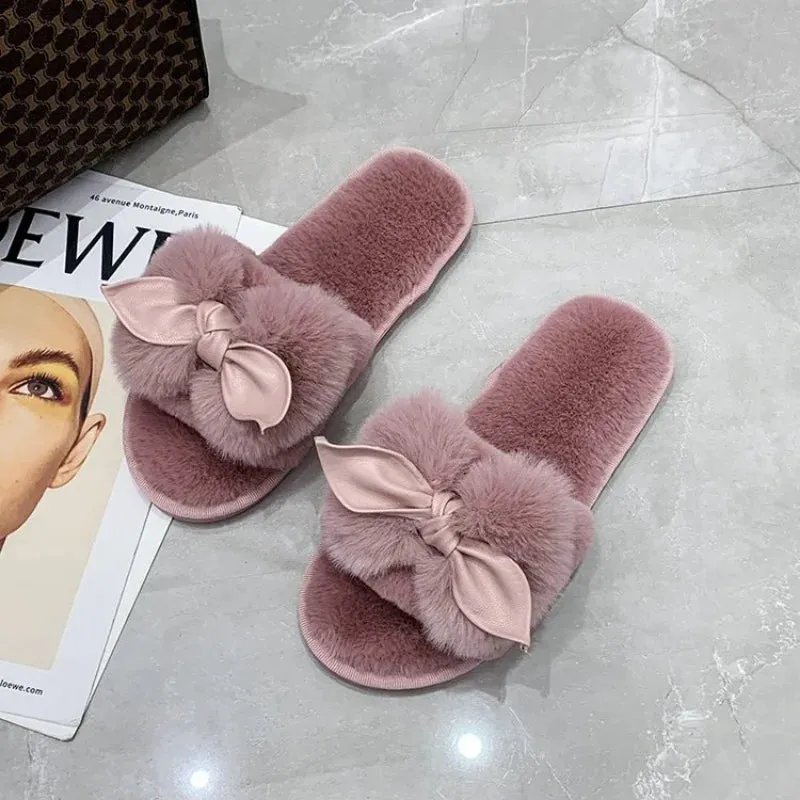 Plush Slippers with Bow for Women