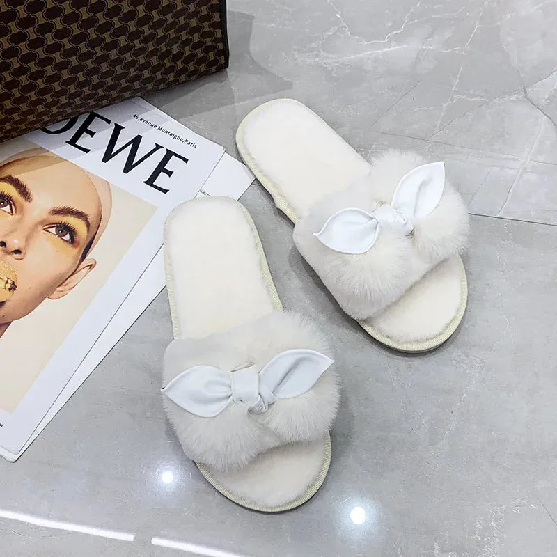 Plush Slippers with Bow for Women