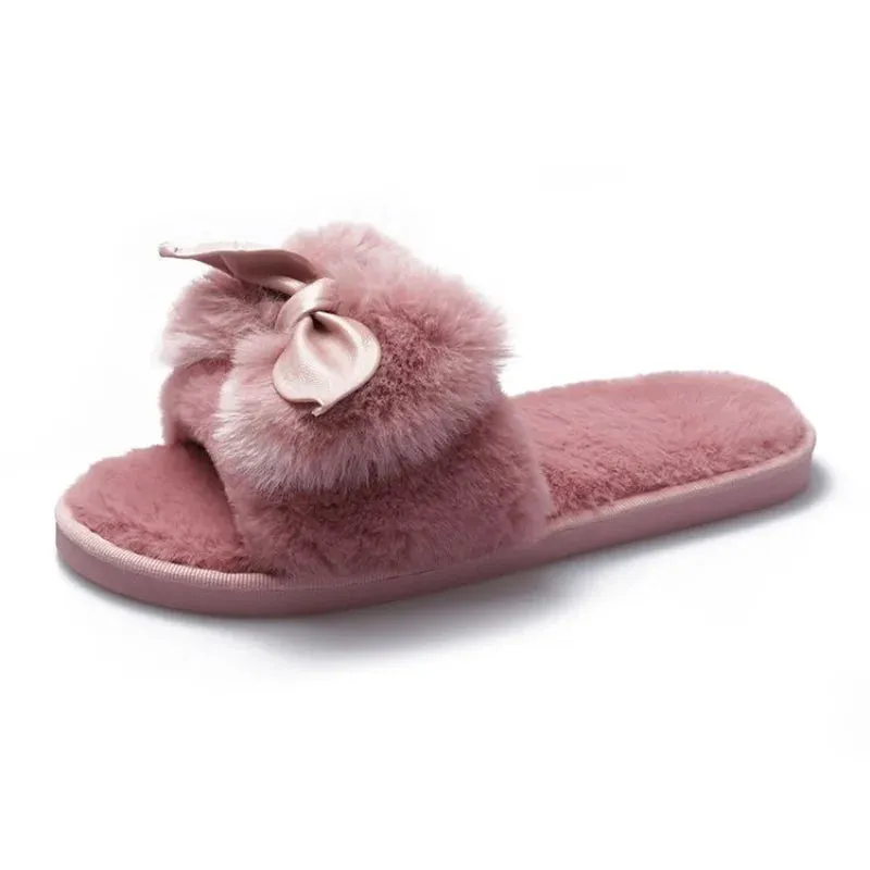 Plush Slippers with Bow for Women