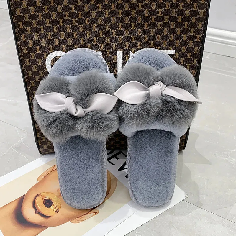 Plush Slippers with Bow for Women