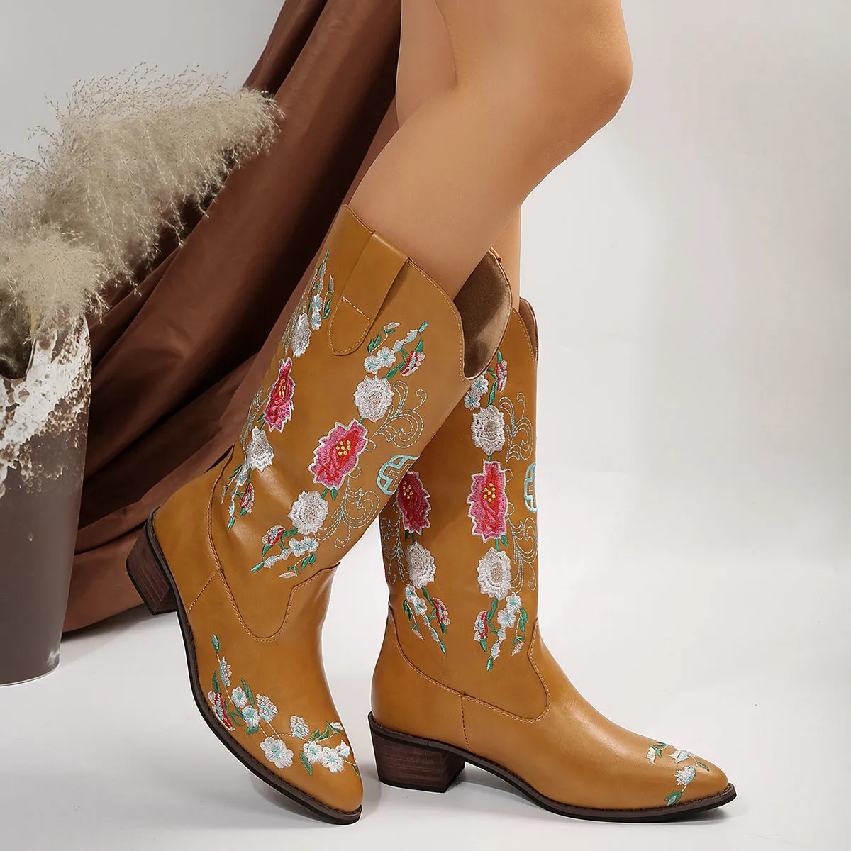 Pointed Embroidered Riding Boots