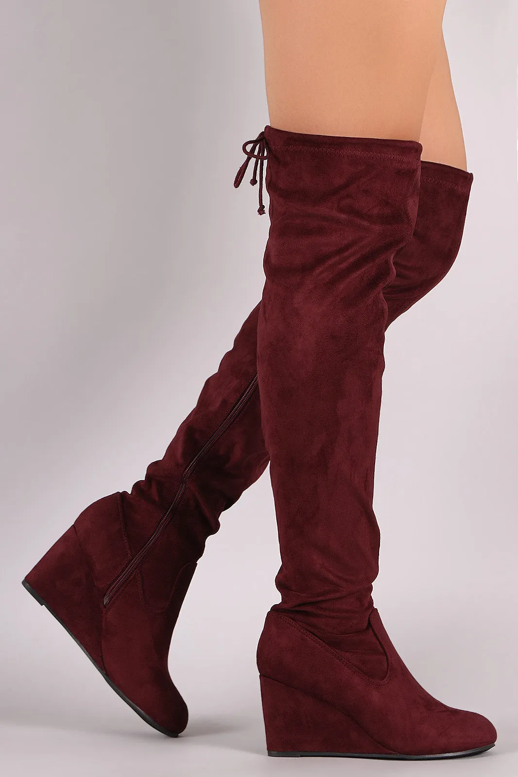 Suede Drawstring Tie Over-The-Knee Wedge Boots