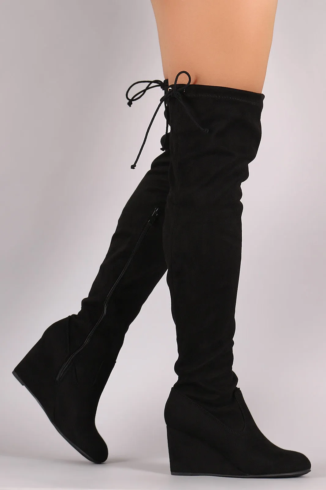 Suede Drawstring Tie Over-The-Knee Wedge Boots