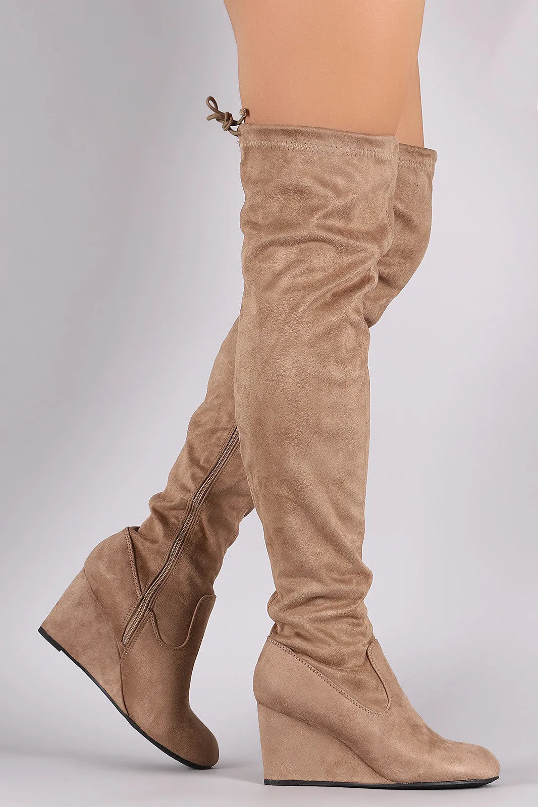 Suede Drawstring Tie Over-The-Knee Wedge Boots