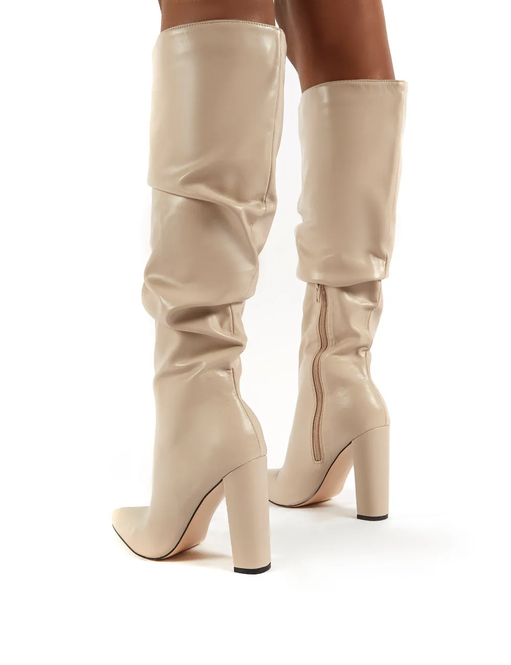 Yours Taupe PU Patent Heeled Knee High Block Boots